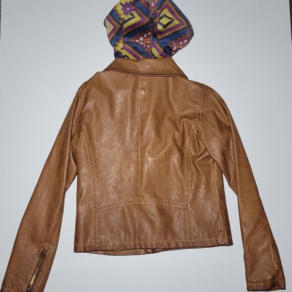 Blu Pepper Womens Brown Faux Leather Biker Jacket with Removable Hood Size Large - Picture 3 of 16